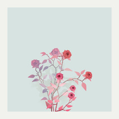 Rose flowers pastel colors with light green frame square background retro style graphic illustration have blank space. Valentine's day greeting card template. Weeding invitaion card template.