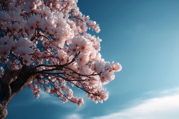 Blooming Cherry Blossom Tree Against a Clear Blue Sky in Springtime