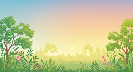 Obraz premium Landscape with Trees and Flowers at Sunset
