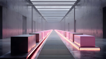 Minimalist Abstract Conveyor Belt with Geometric Shapes and Tech Glow