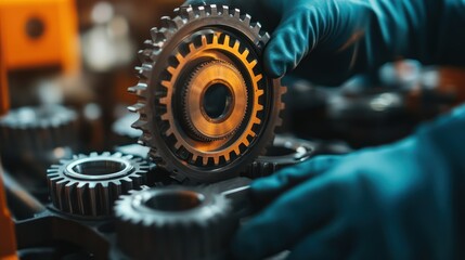 Precision engineering: A gloved hand assembling intricate gear mechanisms