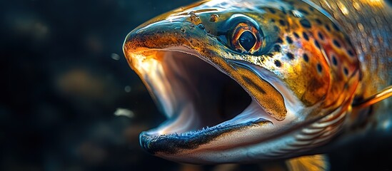 Close-up of trout, river background, wildlife