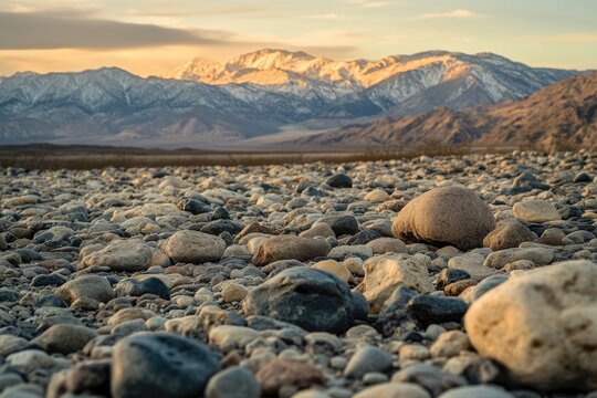 A close-up of a rocky desert landscape with snow-capped mountains in the distance