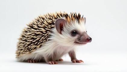 Obraz premium A solitary hedgehog posed against a pure white backdrop, domesticated, rodent, indoors