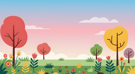 Fototapeta premium Cartoon autumn landscape with trees and flowers