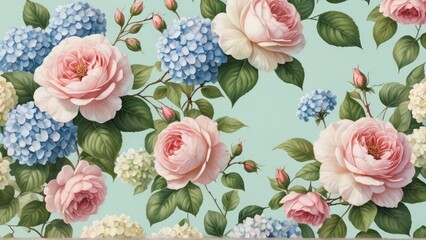 Elegant floral pattern with roses and hydrangeas on a light blue background. Classic, botanical design perfect for backgrounds or spring themes.