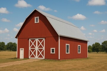 Obraz premium a traditional red barn with white trim, a pitched silver metal roof, and classic double barn doors 