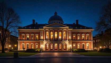 Historic building illuminated at night in urban landscape  