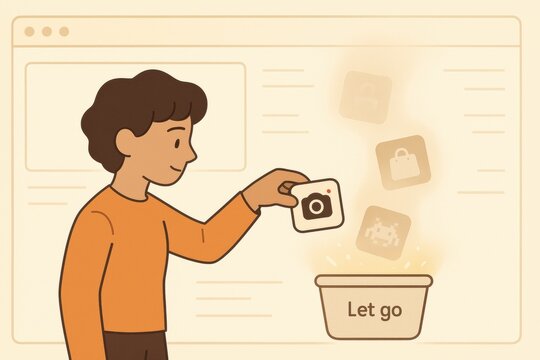 Digital Dump: A thoughtful individual, stands before an open digital interface. They carefully release a digital app icon into a bin.