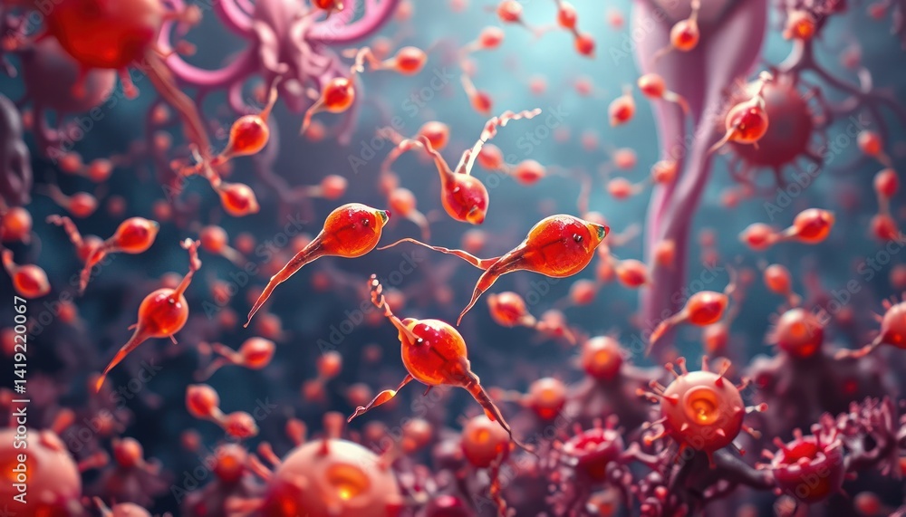 Poster microscopic view of red sperm cells in motion