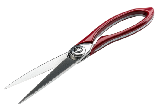 Elegant red handled scissors with sharp stainless steel blades isolated on a black background on transparent background