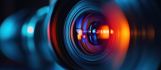 Obraz premium Closeup camera lens, vibrant colors, bokeh effect, photographic background, stock photo