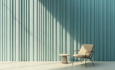 A beige armchair and a round table stand in front of a light blue, vertical striped wall with sunlight shining through