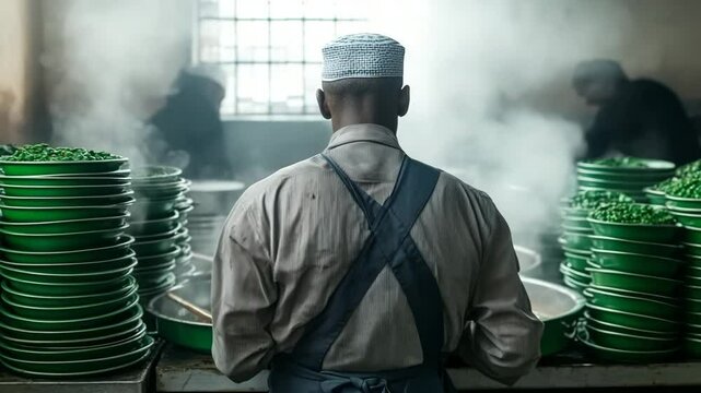 The Culinary Artist's Domain: A culinary craftsman meticulously tends to a culinary creation, enveloped in a haze of culinary steam, amidst stacks of plates.