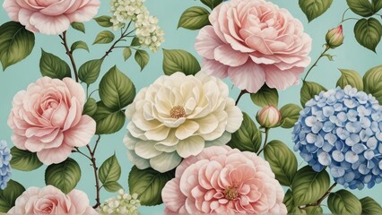Elegant floral pattern with roses and hydrangeas on a light blue background. Classic, botanical design perfect for backgrounds or spring themes.