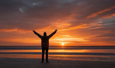 Fototapeta premium Silhouette of person with arms raised at sunset over the beach