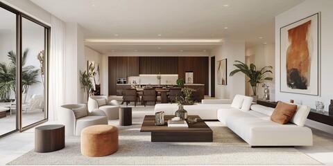 Fototapeta premium Modern open-plan living space with neutral tones, wooden accents, and large windows showcasing outdoor area