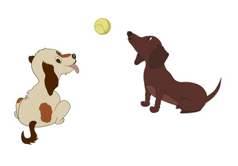 Two cartoon dog clip arts (Dachshund, spotted Spaniel) playing with a ball, isolated on transparent background.