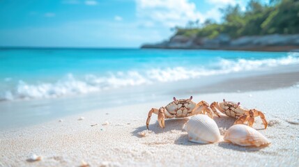 Crabs playing on the sand of a secluded beach, bright blue sea behind them, with a scattering of shells