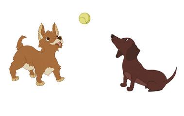 Set of two cartoon dog cliparts (Dachshund, terrier) playing with a tennis ball, isolated on transparent background.