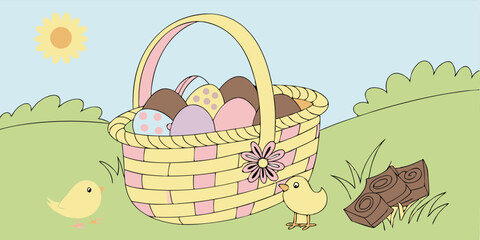 Colorful Easter Basket with Painted Eggs and Chicks Vector of Easter Gift Ideas