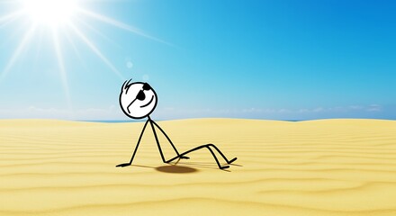 Stick Figure in Sunglasses Relaxes on Sandy Beach