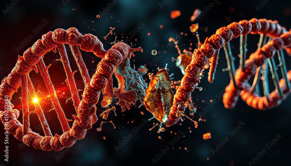 Poster red glowing dna strand exploding on dark background