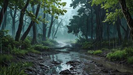 Fototapeta premium Rainy forest with dripping leaves and muddy paths