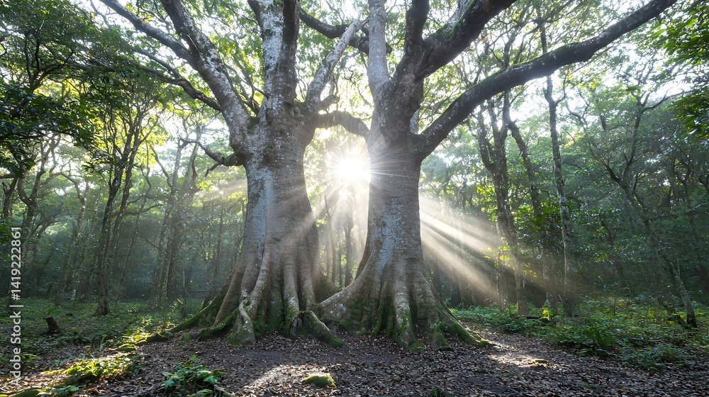 Aufkleber mystical forest with towering ancient trees and sunlight streaming through the dense canopy creating