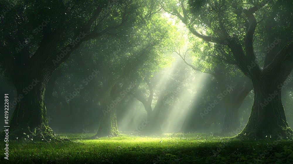 Aufkleber mystical ancient forest with towering gnarled trees and a dense lush canopy that allows dappled sunl
