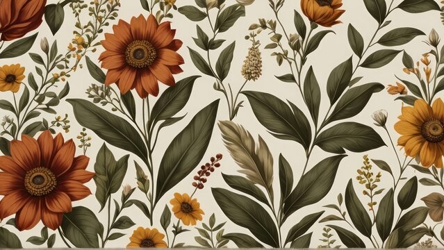 Autumnal floral pattern with rust and beige flowers and leaves. Warm, botanical design perfect for backgrounds or fall themes.