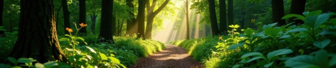 Fototapeta premium Narrow forest track, sunlight filters through canopy , shadow, trail, nature photography