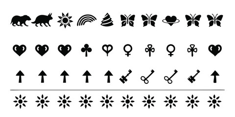 Vector of Black Love and Relationship Symbols, Hearts, Gender Signs, Arrows, and Sun Icons