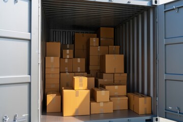 Close-up View Of Open Cargo Container With Cardboard Boxes In Warehouse