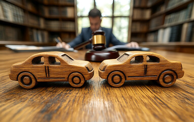Wooden car models with gavel symbolizing legal issues in automotive industry
