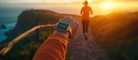 Coastal sunset run; smart watch tracks heart rate; fitness