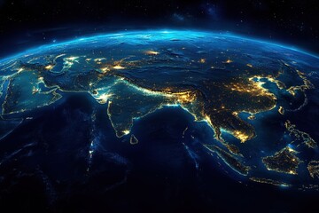 Obraz premium Illuminated view of Asia at night showcasing cities and landscapes from space