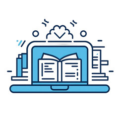An open laptop displaying an open book, surrounded by digital elements, symbolizing online learning and education in a modern environment , isolated on white or transparent png