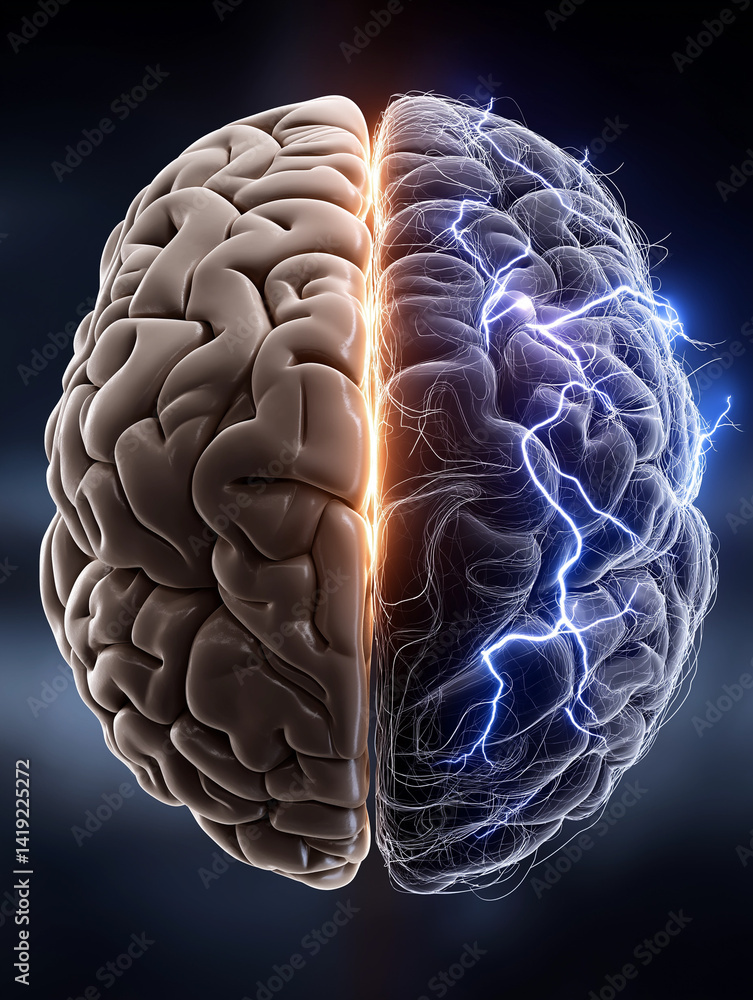 Poster brain hemispheres: visual depiction of the brain's hemispheres illuminated, showcasing the intricate