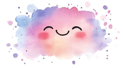 A watercolor paint blob with a cute smiling mouth and closed eyes, soft pink and lavender hues, centered on a plain white background. Gentle brush strokes radiate outward,