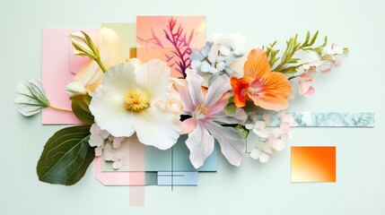 Botanical arrangement: floral display with pastel hues, clean geometric shapes
