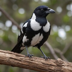 Fototapeta premium Australian Magpie bird on piece of wood