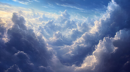 Heavenly Skies Concept with Figure Ascending, Spiritual Light Cloud Scene, Dreamy Divine Atmosphere Art Background, Generative AI