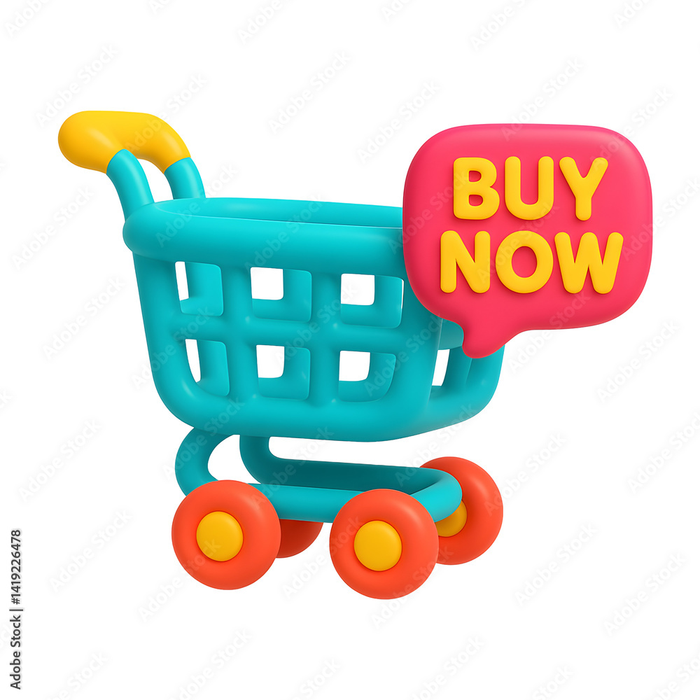 Poster 3D shopping cart icon with buy now speech bubble for online checkout and e-commerce conversion with PNG transparency background
