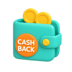 3D wallet icon with cashback label and coins, ideal for finance, rewards, and online payment promo with PNG transparency background
