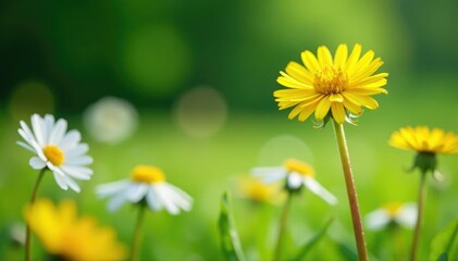 Lone bright yellow dandelion in field of white daisies, plant, remarkable