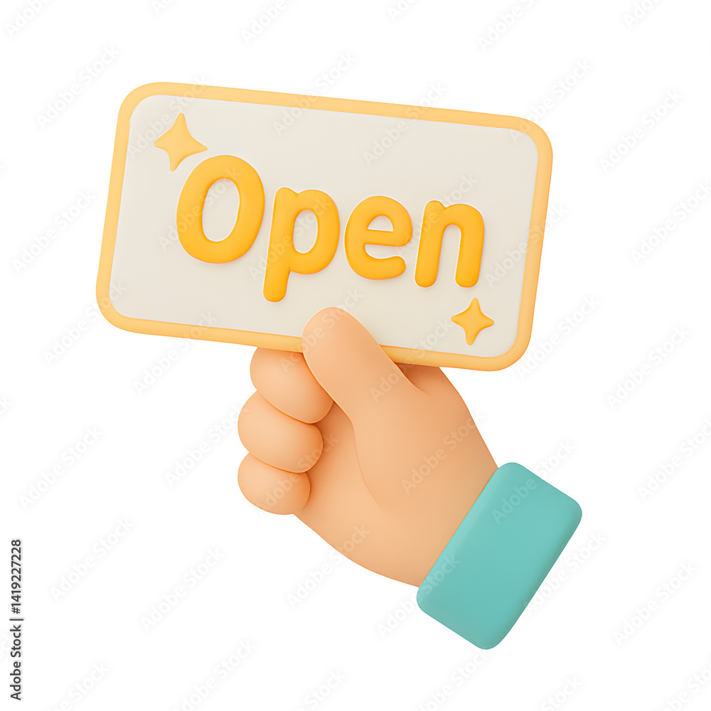 Poster 3d open sign held by cartoon hand with sparkles, symbolizing online business availability or store s