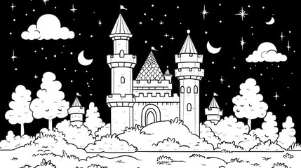 Obraz premium Fantasy Princess Castle Scene with Neon Outlines on Black Background
