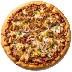 Savory BBQ chicken pizza with crispy crust, topped with tender chicken, cheese, and fresh herbs, perfect for sharing
