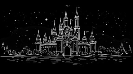 Fototapeta premium Fantasy Princess Castle Scene with Neon Outlines on Black Background